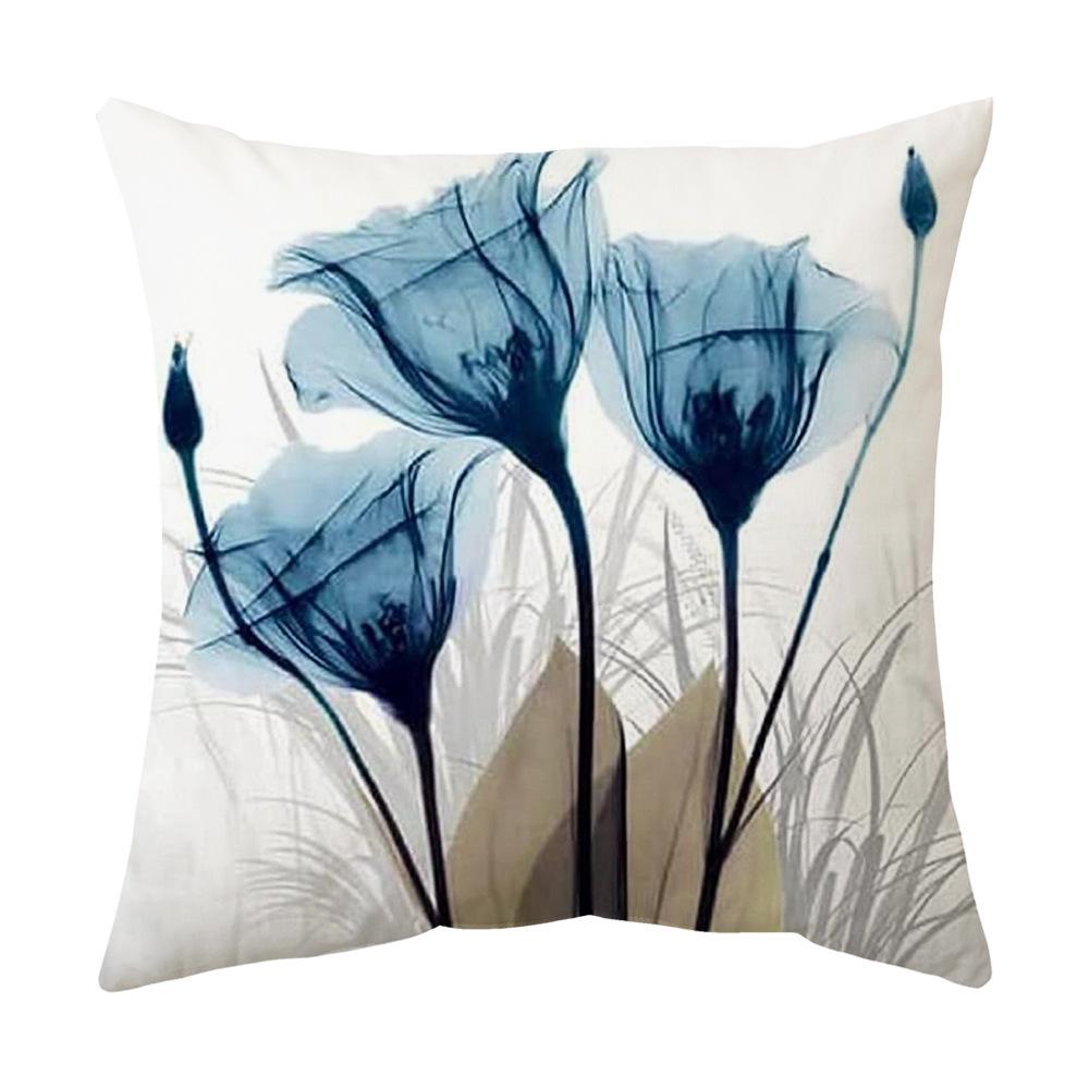 Blue Ink Painting Flower and Grass Linen Pillowcase Household Supplies Office Sofa Pillow Nordic Cushion