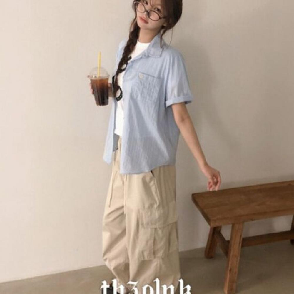 The Pink Oversized Punching Stripe Pocket Pendant Short Sleeve Shirt