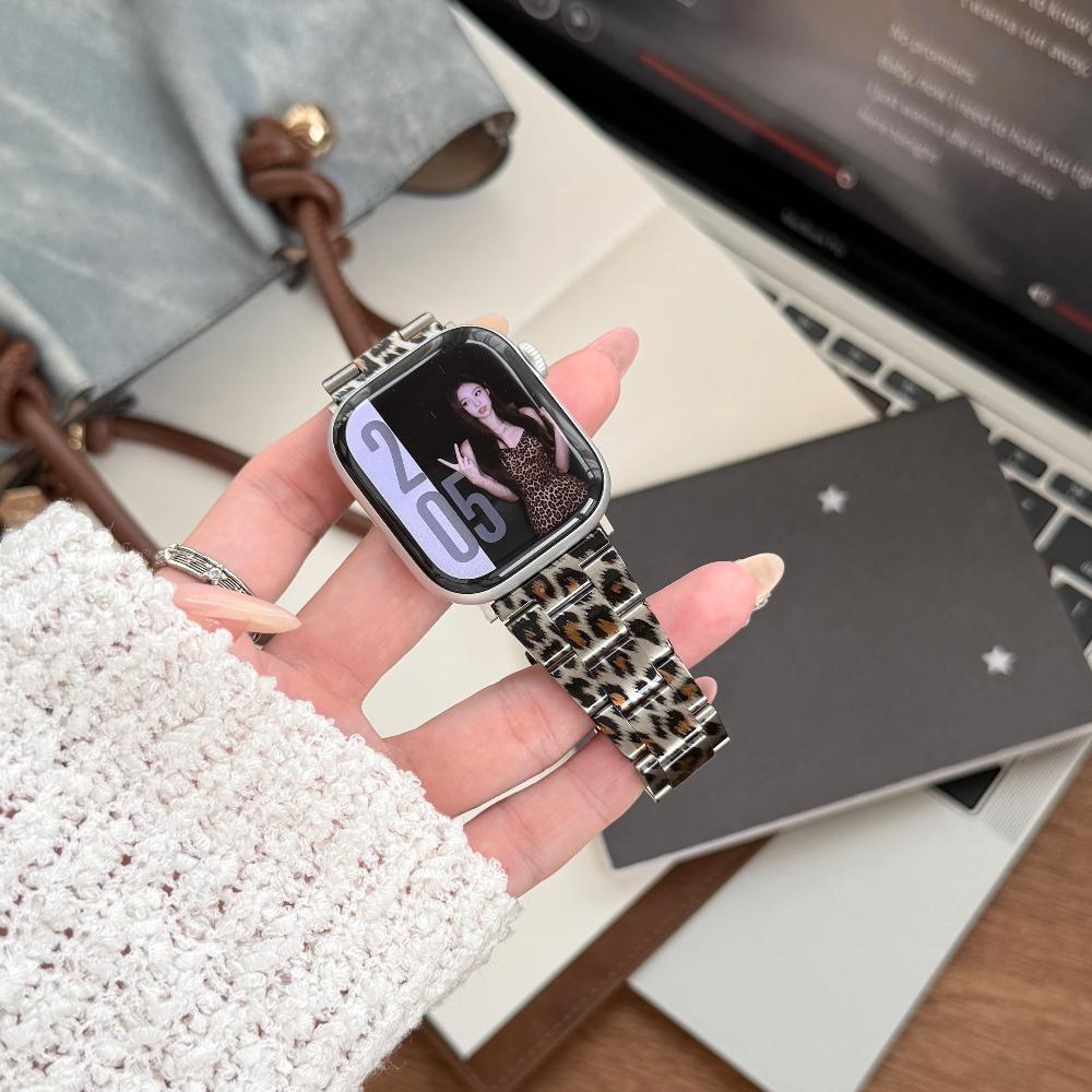 Luxury Leopard Print Resin Metal Strap For Apple Watch Ultra3 Band 49mm Slim Strap for iWatch Series 11 10 9 8 SE3 38/40/41/42/44/45/46 Woman Bracelet