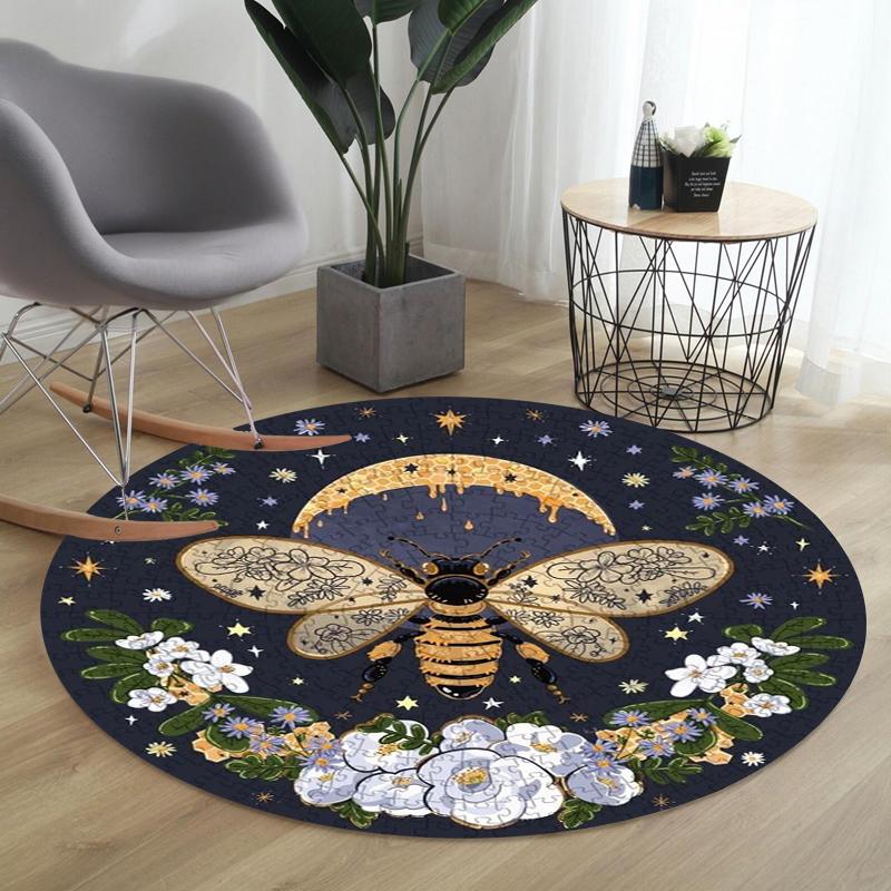 

Bohemian Bee & Floral Round Rug Collection Non Slip Wear Resistant Soft Washable Living Room Bedroom Decor Rug 80cm x 80cm