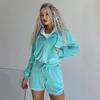 Casual Women's Velvet Color Blocking Line Pockets Long-sleeved Cardigan Coat Shorts Two-piece Set