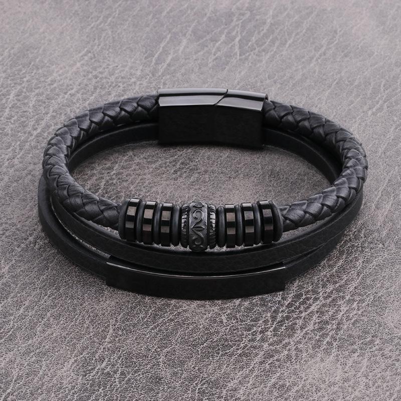 Men's Multilayer Braided Leather Bracelet Stainless Steel Gold Bead Bar Magnetic Clasp Punk Wristband Male Jewelry Gift