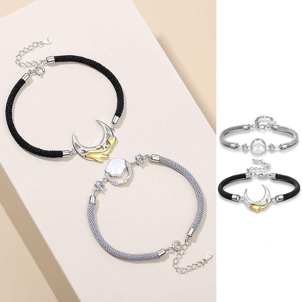 2PCS Whale Lovers Bracelet Crystal Rope Weave Bracelet Exquisite Couple Moon Bracelet  Friendship