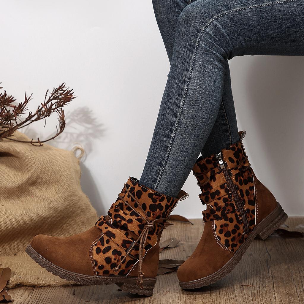 2025 New Leopard Print Boots Women's Winter Plus Size Belt Buckle British Style Round Toe Suede Stitched Martin Boots