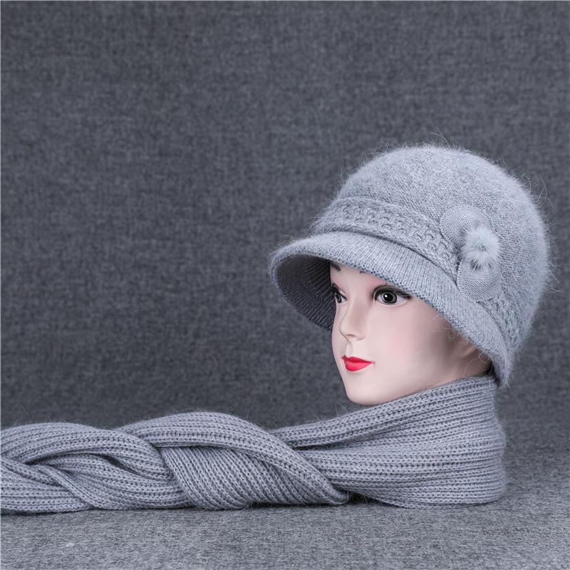 Ji Middle-Aged And Elderly Women'S Basin Hat Grandma Knitted Wool Hat Old Man Hat Rabbit Fur Flower Mother Hat Scarf