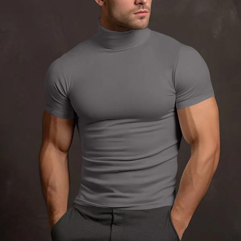 2024 Summer Men's Solid Color Short-Sleeve High-Neck T-Shirt