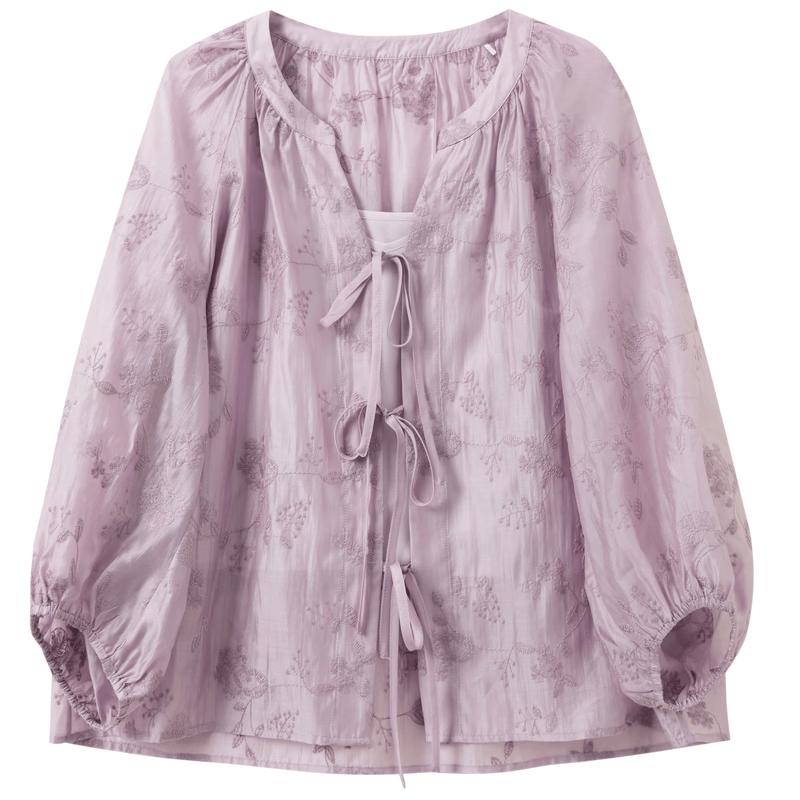 Sancai Women s New Chinese Style Embroidered V-Neck Loose Fit Shirt XL