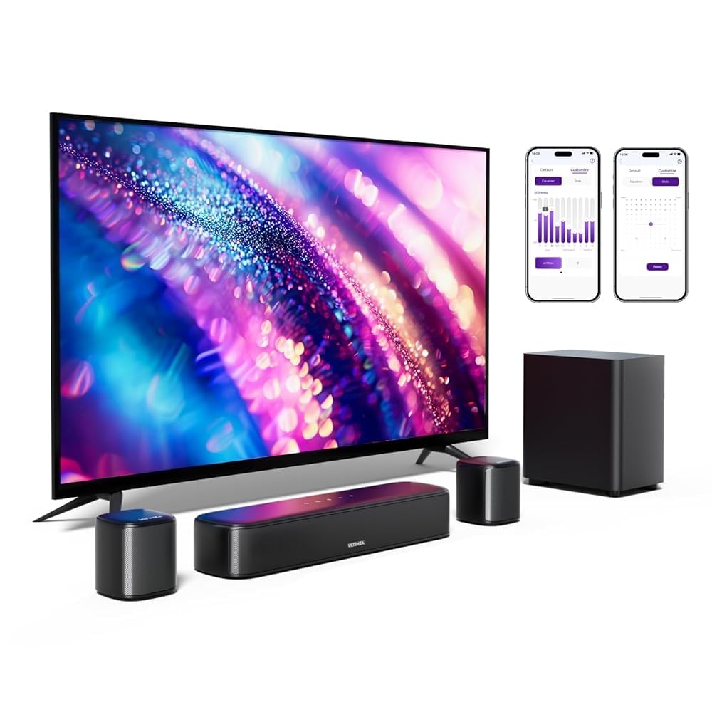 ULTIMEA Aura A30 Soundbar pro TV, Domácí kino, 5.1CH Bluetooth Systém virtuálního prostorového zvuku s ovládáním pomocí aplikace, Subwoofer, Prostorové reproduktory, Dálkové ovládání