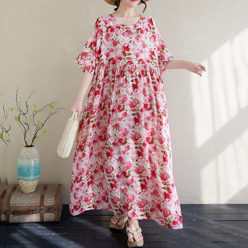 Kurzarm-Übergröße, Vintage-Kleid mit Blumenmuster, neu in Kleidern für Damen, lässig, locker, Maxi, lang, Sommerkleid