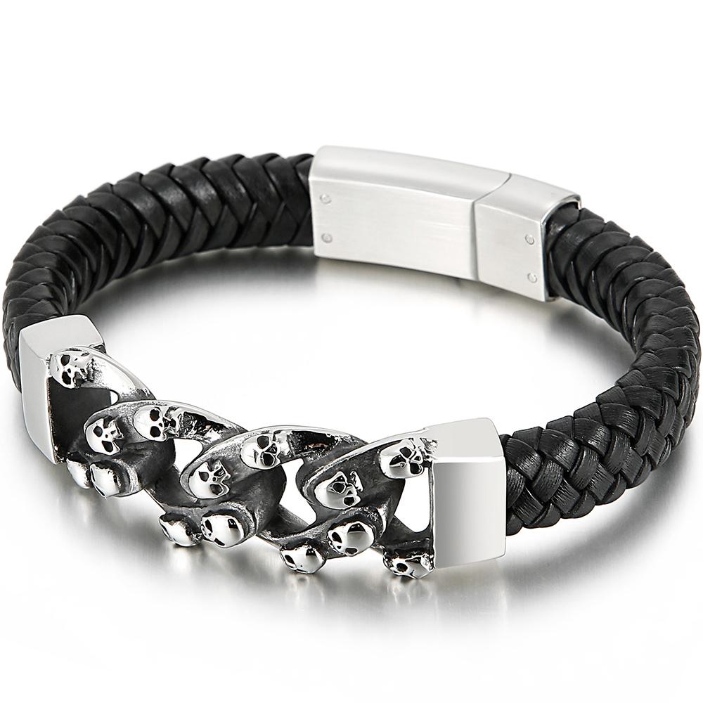 Punk 316L Stainless Steel Skull Bracelet for Men Vintage Men's Braided Leather Rope Chain Wrap Bracelets Massive Male Jewelry