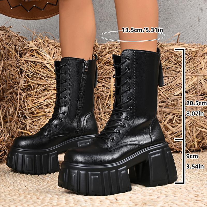 

Chunky Heeled Platform Combat Boots for Women Gothic Punk Style Black Motorcycle Boots Woman Autumn Winter Mid Calf Botas Mujer 40 чёрный