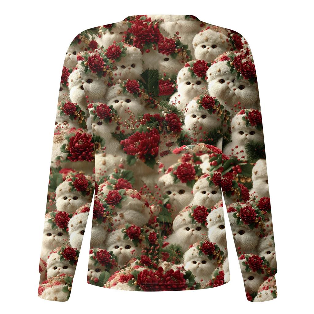 Damska codzienna modna kurtka z długim rękawem zapinana na jeden guzik z nadrukiem świątecznym