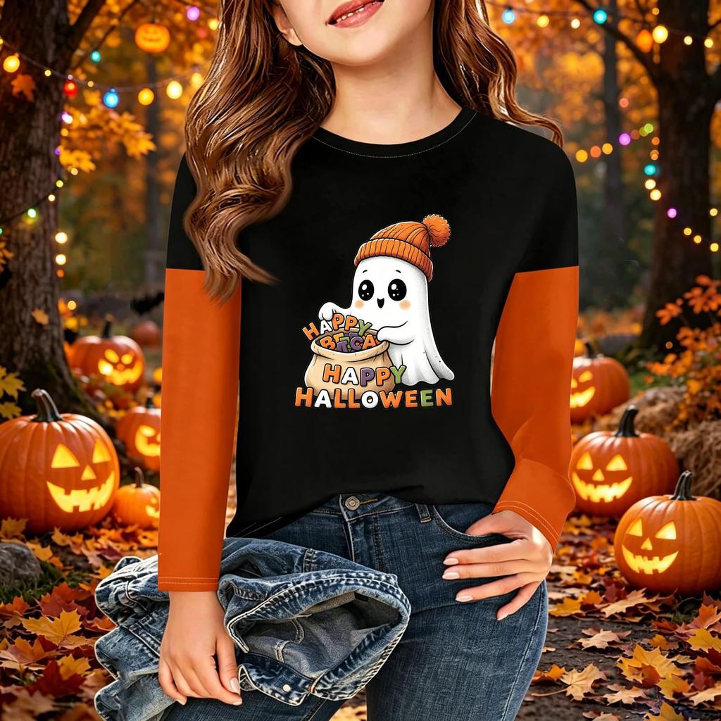 Kids Halloween Print Long Sleeve Neck T-Shirt Casual Top for Boys Girls
