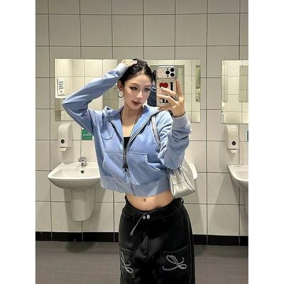 Damen Vintage Gewaschenes Kapuzen Cropped Sweatshirt Mit Kängurutasche Reißverschluss Vorne Lässiges Streetwear Top