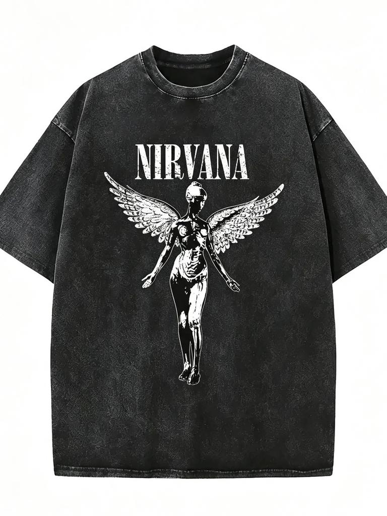 T-shirt Unisex Vintage Wash Nirvana Angelo Grunge Anni '90 Larga per Fan Musicali