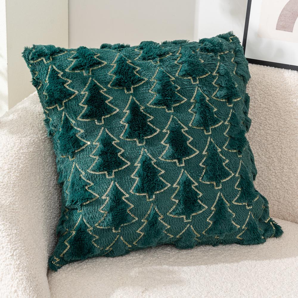 Christmas Tree Fleece Cushion Cover with Star Embroidery - Holiday Sofa Decoration Pillow Cover