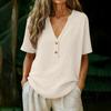 Women's Fashionable Loose-Fit V-Neck Button-Down -Color Casual Blouse