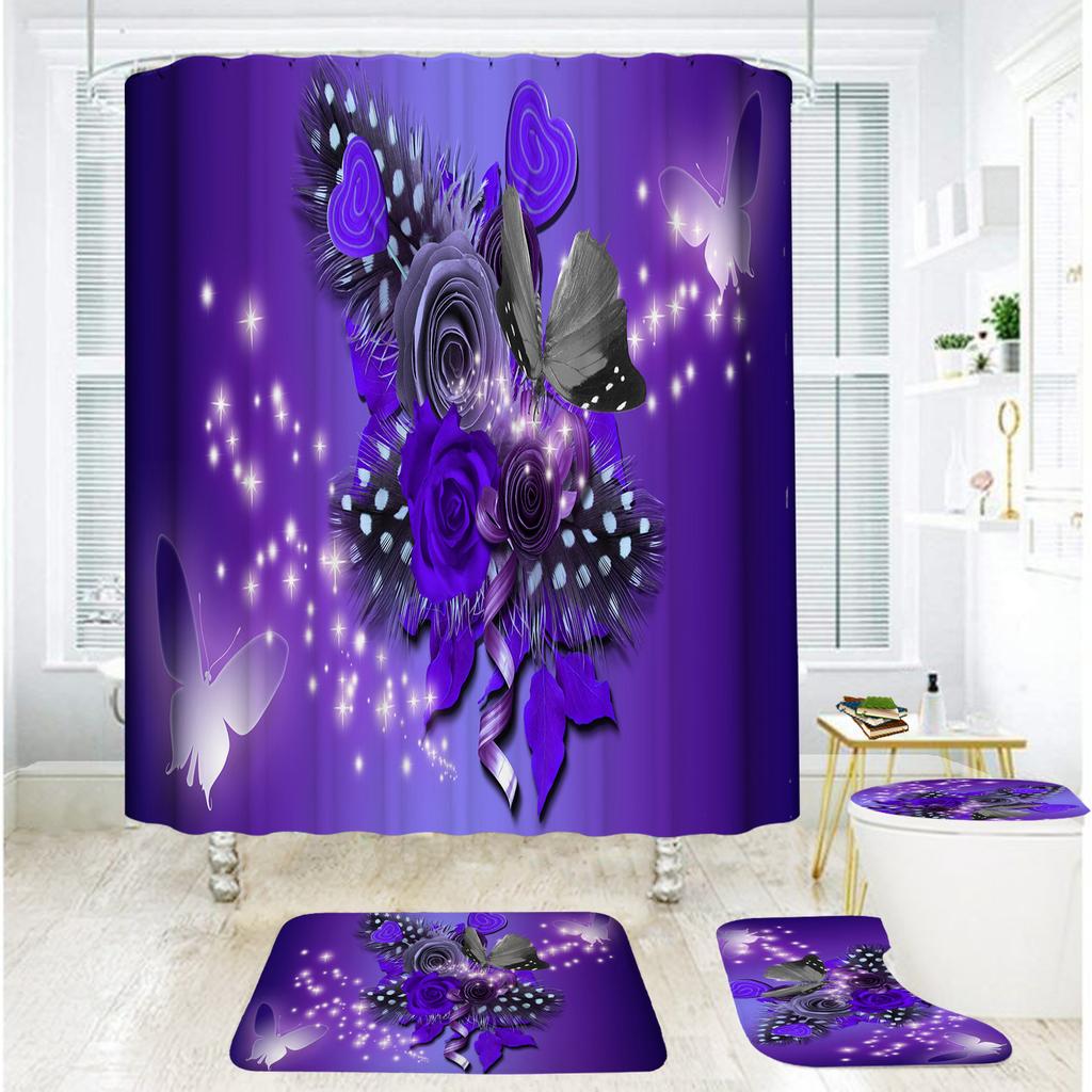 Bathroom Shower Curtain Four-piece Digital Printing Butterfly Plant Waterproof Shower Curtain Shower Curtain Partition Free of Punching