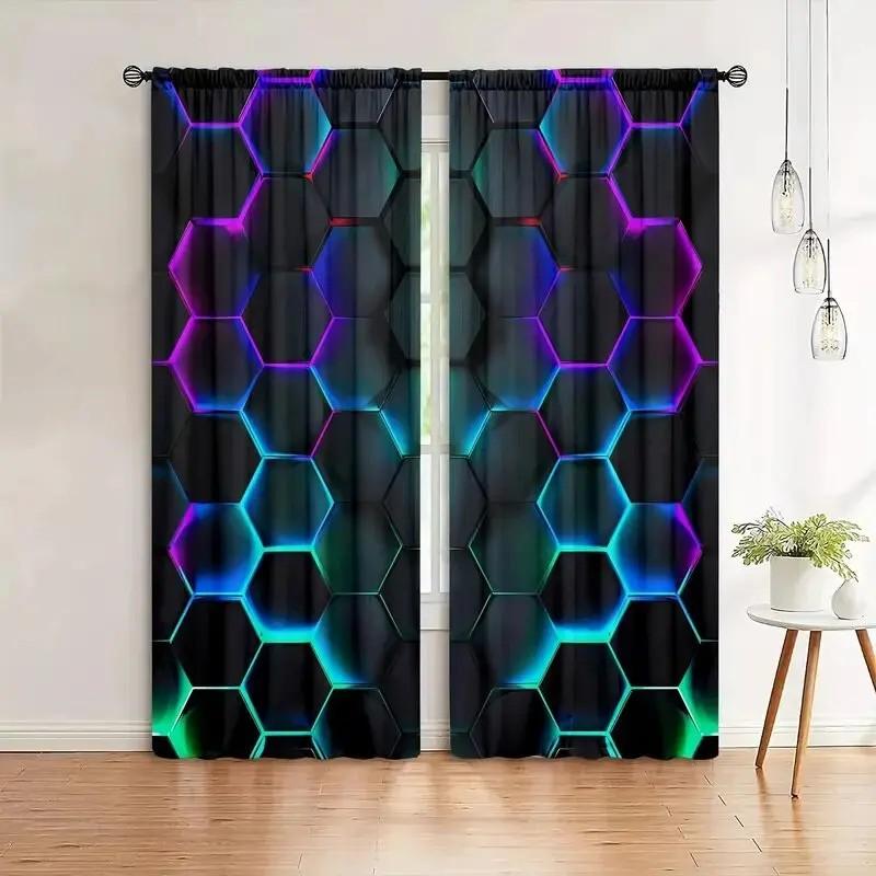JIT 2pcs Luminous Hexagon Curtains  Blackout Curtain  Polyester  Living Room Decor  Rod Pocket Curtain.