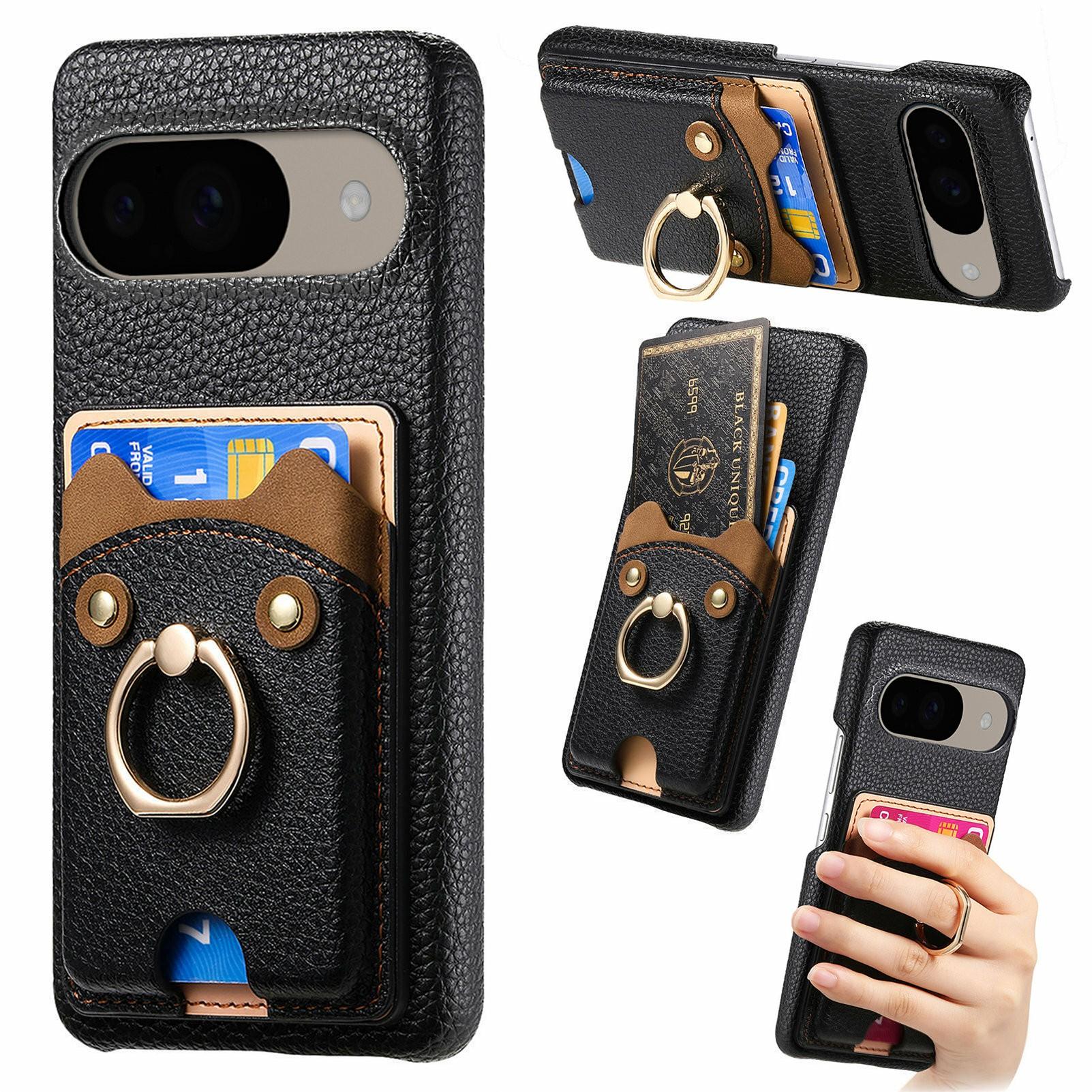 

For Google Pixel 9/9 Pro Case Cute Bear Design PU Leather+TPU Card Holder Phone Cover Black
