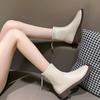Botas brancas de cano médio, prata, femininas, cano médio, couro, bico fino, bico fino, outono 2024, borracha, slip-on, cano baixo