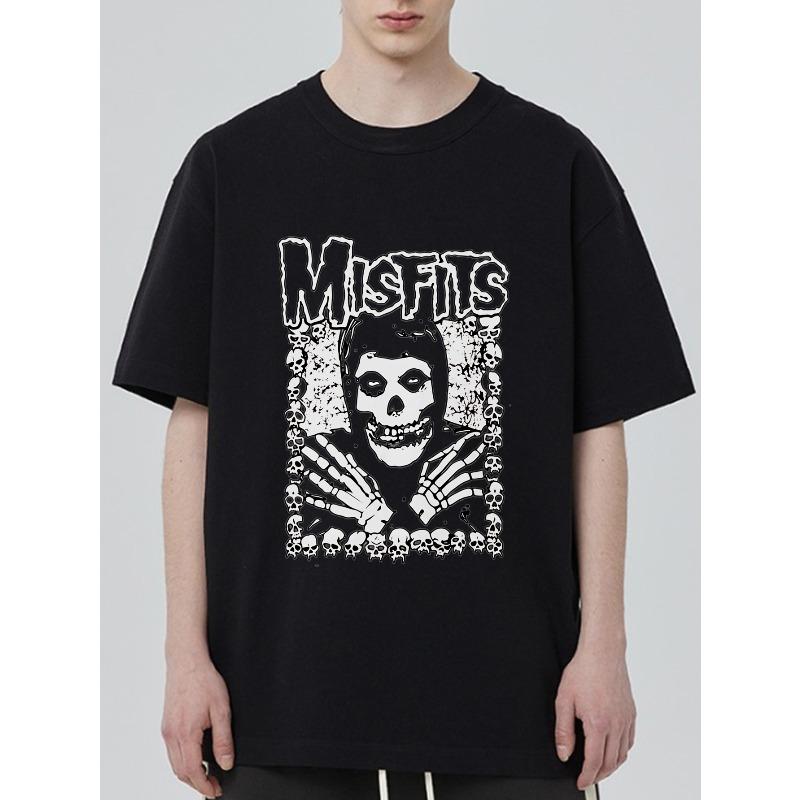 Black T-Shirt Misfits Skull Logo Band Print Casual Streetwear Men's Top Music Festival Wear