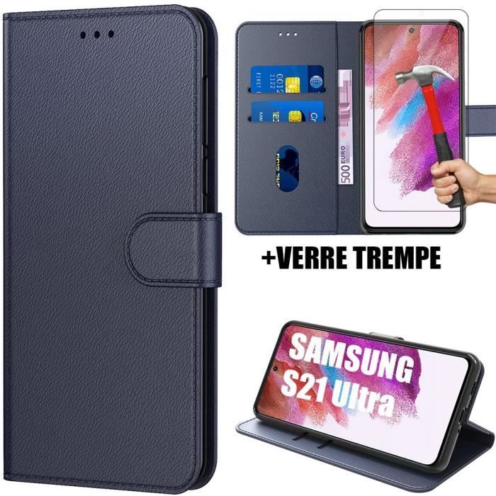 Coque de Protection - PROSHOP - Pour Samsung S21 Ultra - Bleu Marine - Fermoir Magnétique - 2 Verres Trempés
