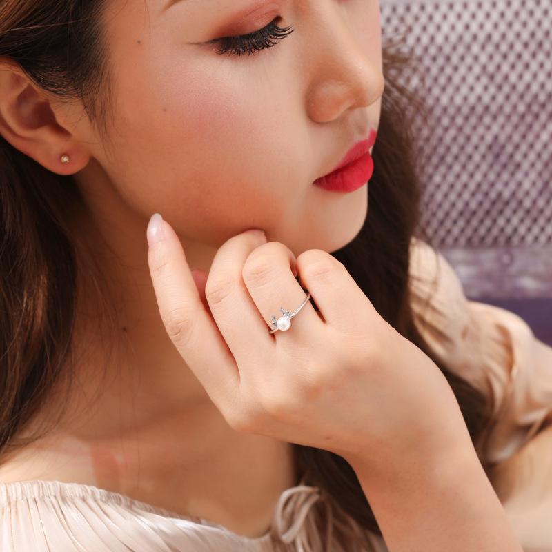 Mori Style Cute Elk Pearl and Diamond Antler Ring – Christmas Gift for Women