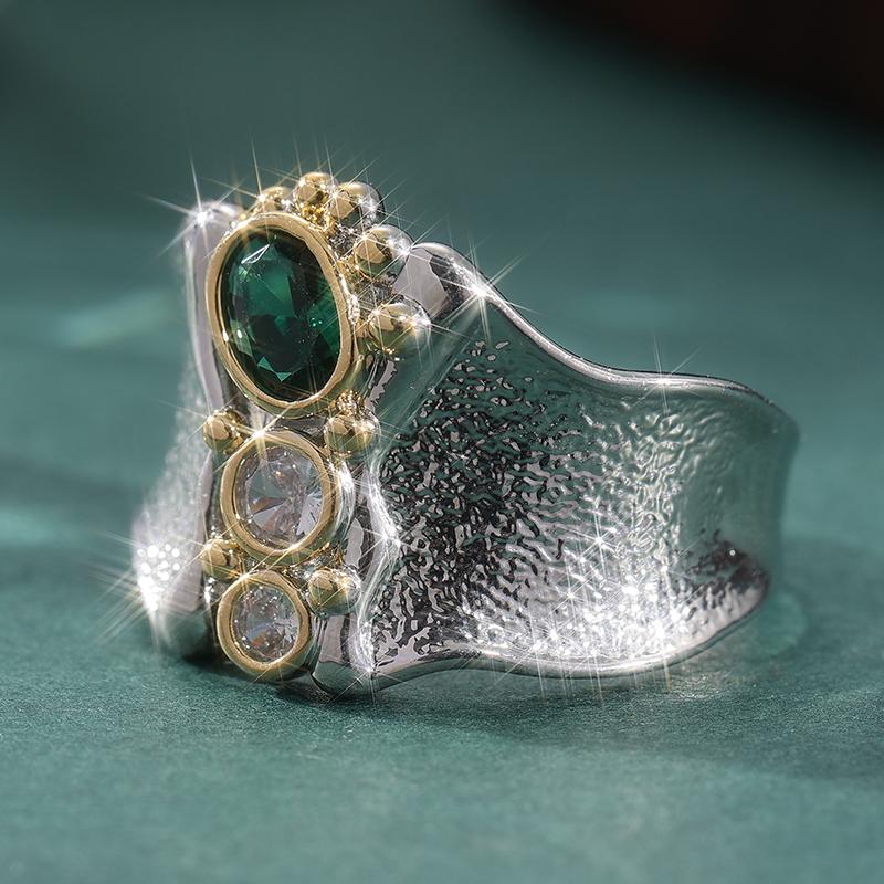 Vintage Two Color Inlaid White Green CZ Women's Ring Geometry Daily Wear Party Jewelry