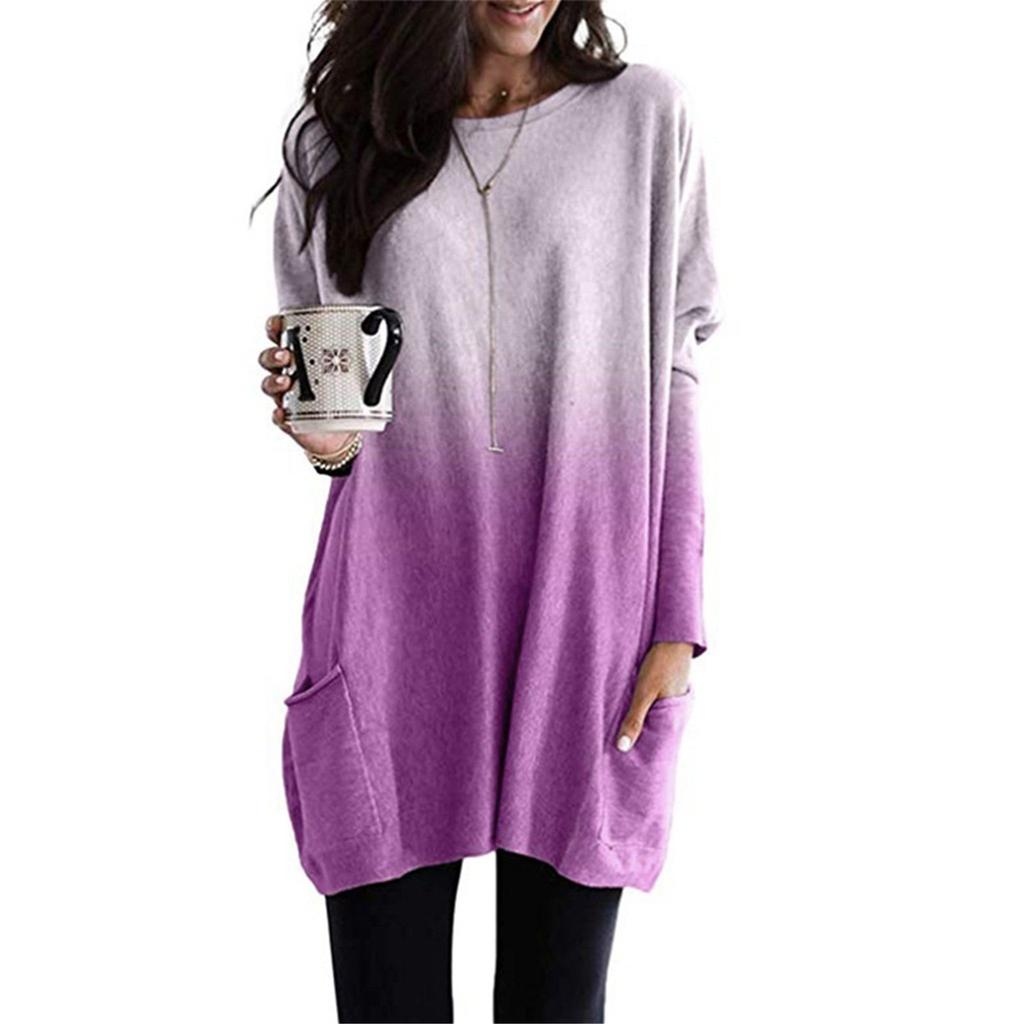 Long Tunic Pullover Sweatshirt Blouse Tops For Women Long Sleeve Casual Baggy Pullover Jumper Pocket Tunic Gradient Wear T-Shirt Tops