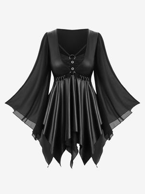 Rosegal Plus Size Flare Sleeves PU Panel Strappy Layered Handkerchief 2 In 1 Top