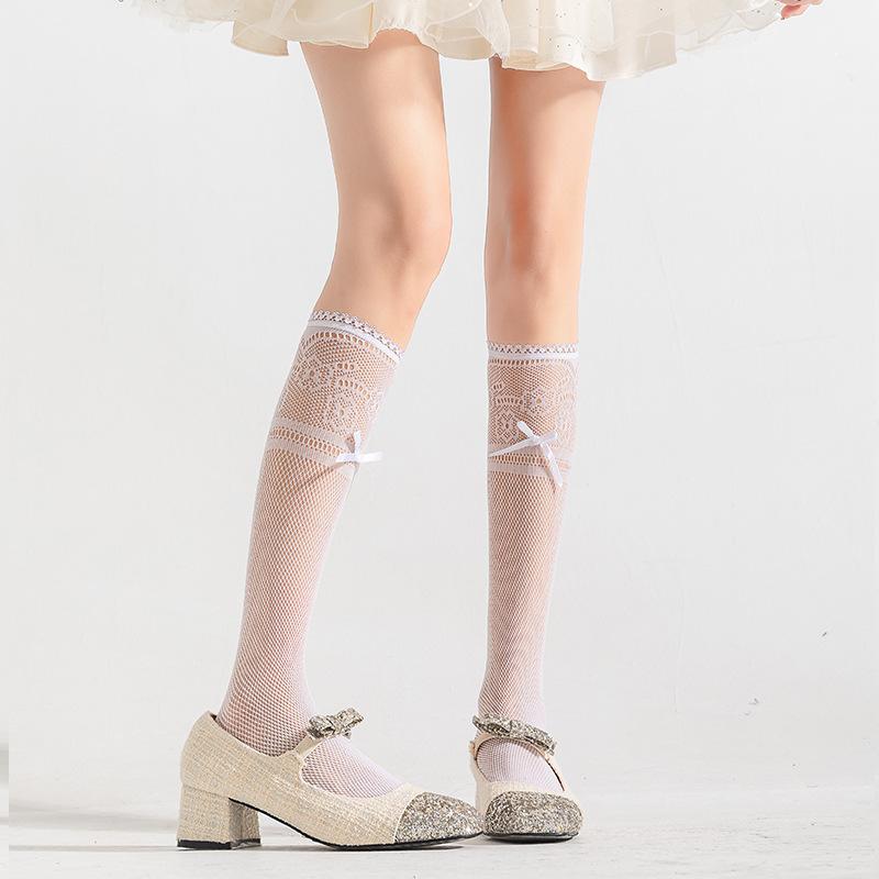 Spring and Summer Thin Black Pure Desire Style Calf Socks, Bow Lolita Long Tube Trendy Pile Up To Knee