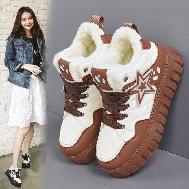 Women‘s Winter Chunky Platform Sneakers Anti-Slip Walking Shoes With Fur Lined Comfortable Lace-up Snow Boots for Women Outdoor Warm Short Booties