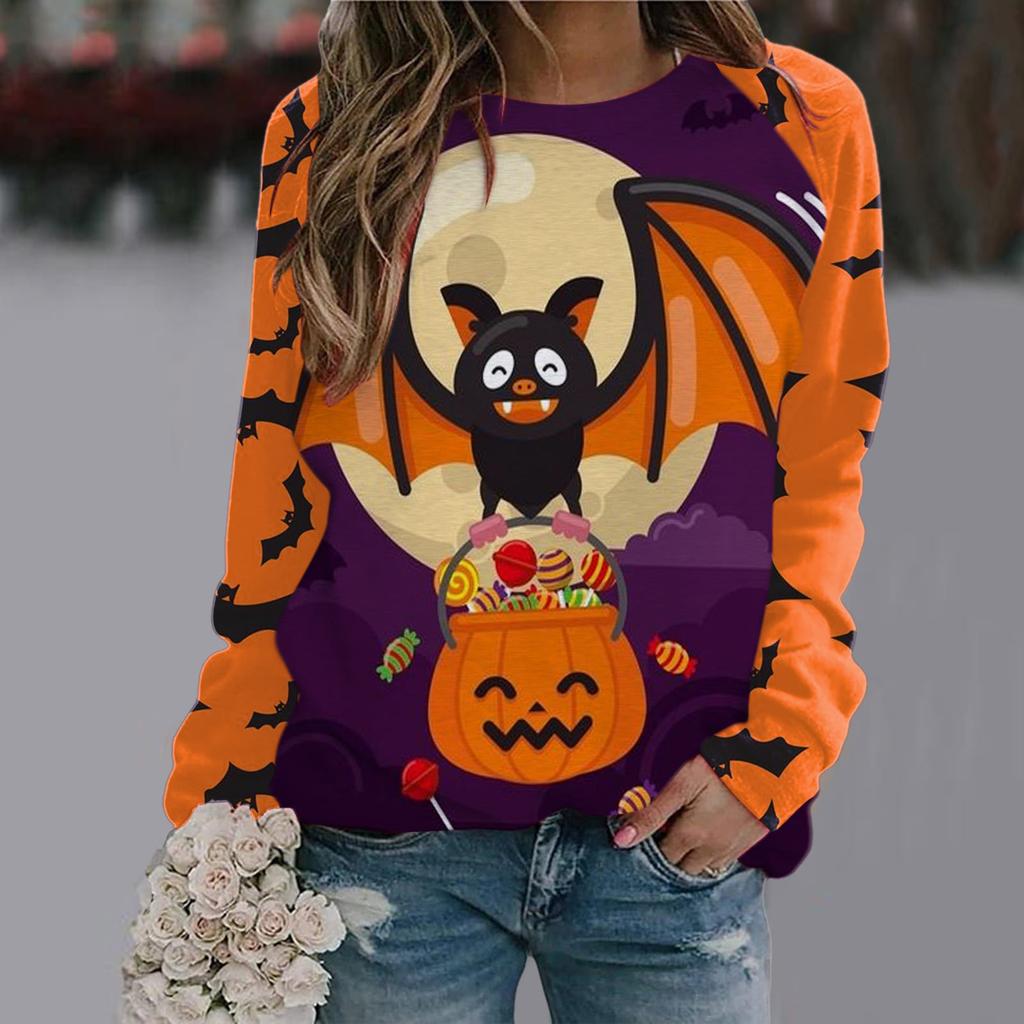 Spring and Autumn Round Neck Halloween 3D Printed Top Fashionable Casual Long Sleeved Women's T-shirts