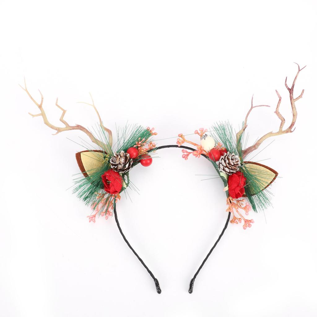 Deer Antler Flower Crown Headband Fairy Flower Reindeer Costume Accessory with Branch Pine Needle Decorations for Women