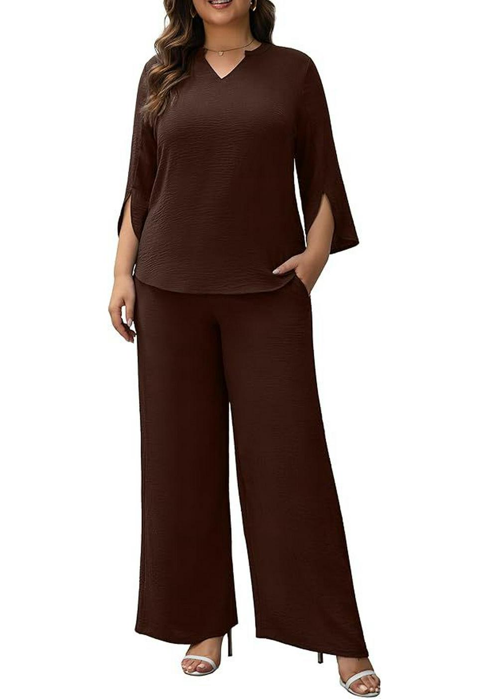 

2026 Plus Size Three-Quarter Sleeve V-Neck Wide Leg Loose Set for Women 3XL темно-коричневого кольору