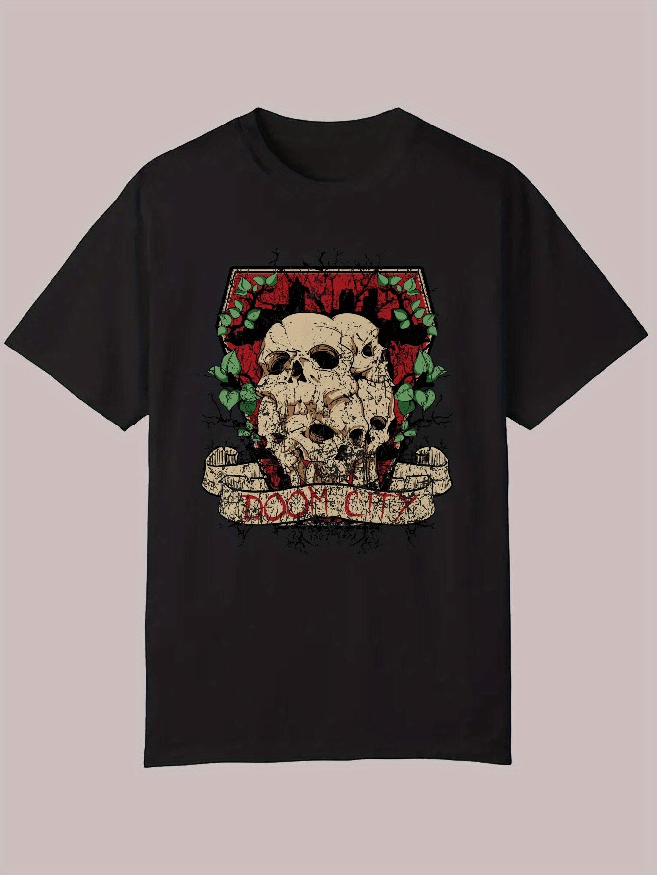 Summer Casual Short Sleeve T-shirt - Black Skull & Floral Print XXXL