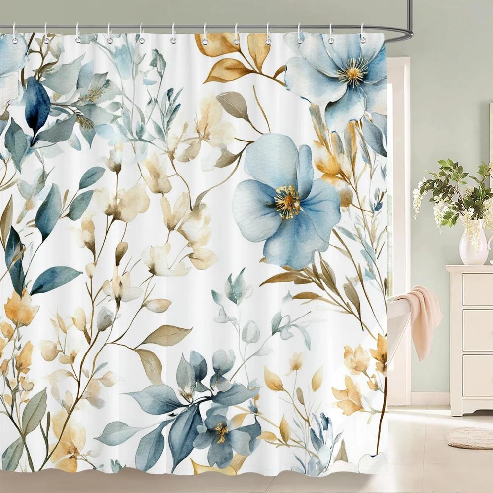 Beautiful Flowers Butterfly Shower Curtain Blue Floral Printed Bathroom Bath Curtain Home Decoration Curtain With Hooks