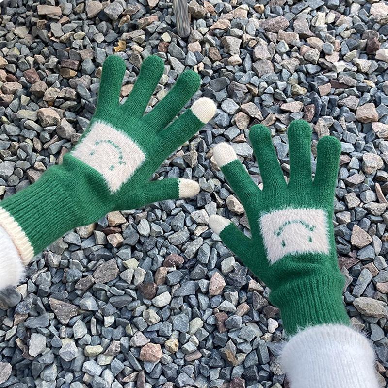 

New Korean Smiling Knitted Gloves for Women In Autumn and Winter Five Fingers Solid Color Touch Screen Warm and Cute Trend One Size