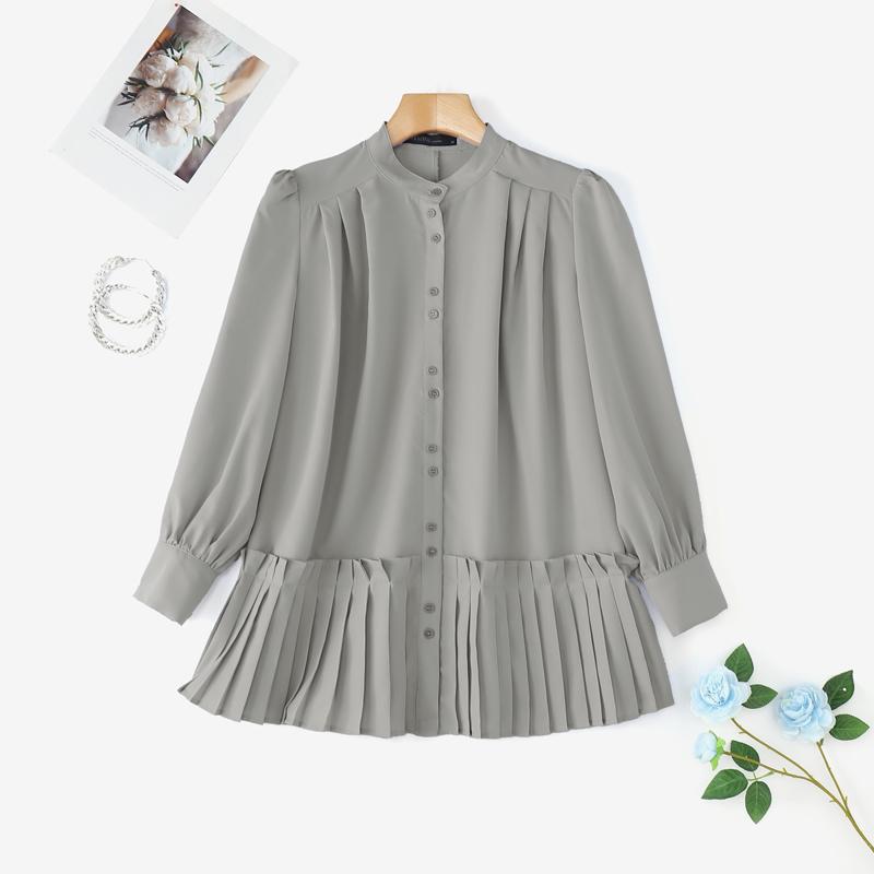 ZANZEA Blouse Décontractée Femme Col Rond Ample Manches Longues Unie 5XL grise