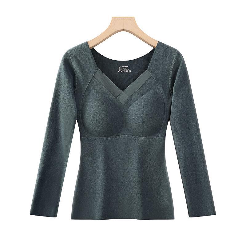 

Женский двухсторонний бархатный самосогревающийся топ с фиксированными чашками, утолщенной талией, длинными рукавами - теплая осенняя рубашка. L(110-130 catties)