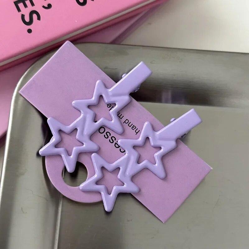 2pcs Sweet Cute Star Hair Side Clip Broken Hair Fixed Clip Bangs Clip Colorful Metal Pentagram Duckbill Clip Hair Accessories