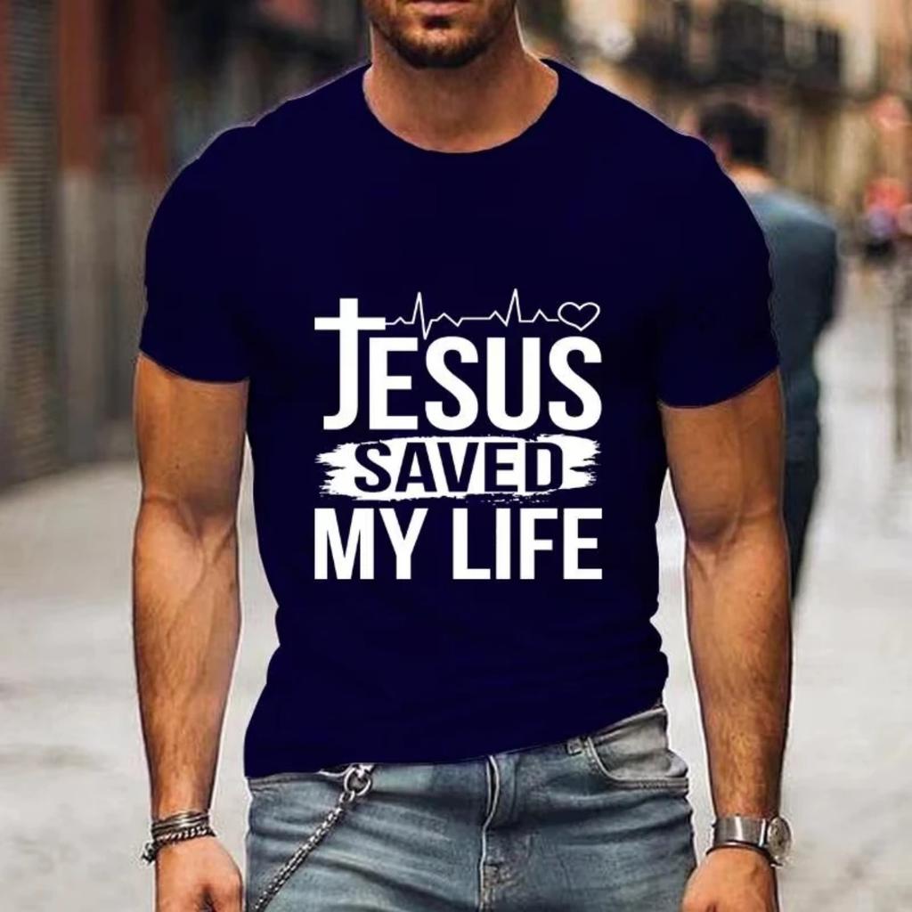 Jesus Saved My Life Letter Print T-shirt Men's Fashion Summer Comfortable Round Neck Shirt T-shirt