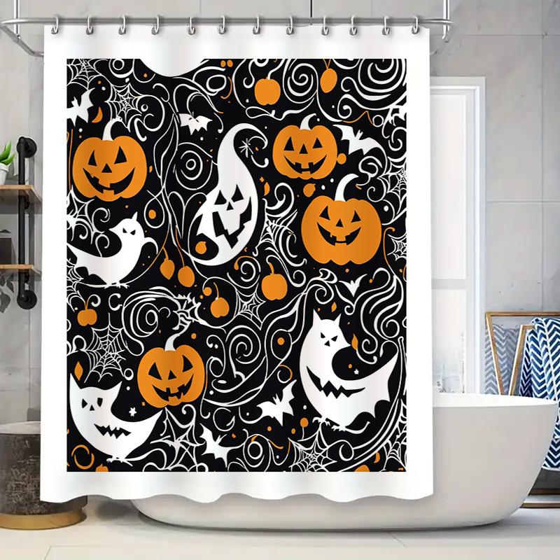 

Halloween-Themed Shower Curtain Featuring Pumpkins And Bats Spooky Decor For Your Bathroom! Perfect Gift Idea For A Halloween Pa W60H190(CM)-1 Pcs