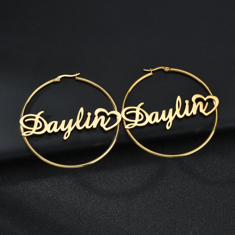 

Atoztide Personalized 50mm Custom Name Earrings For Women Stainless Steel Heart Crown High Quality Weddings Party Jewelry Gift silver color