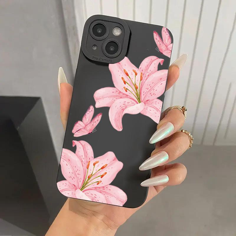 Floral Lily Butterfly Pattern Phone Case For iPhone 16 15 Pro Max 14 Pro 13 12 11 16E 7 8 Pus XR XS X SE Shockproof Soft Cover