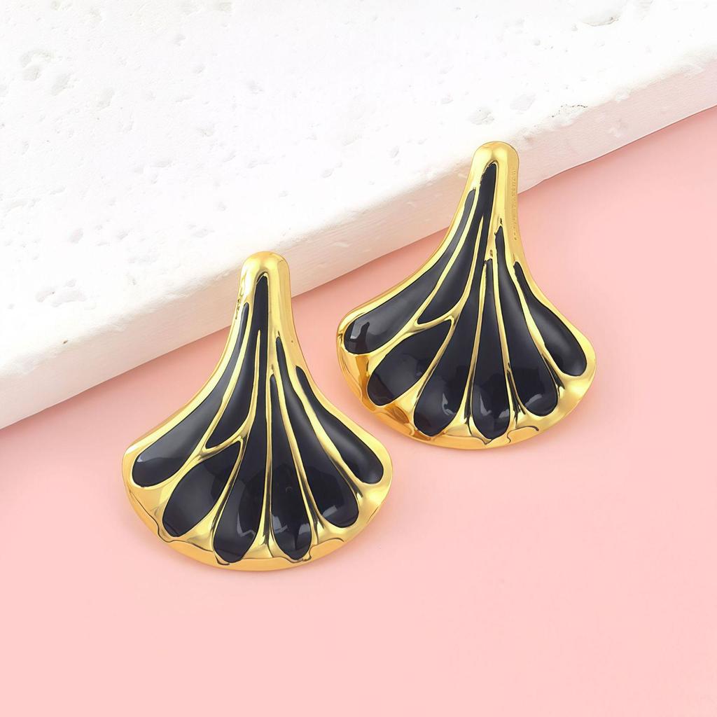 Gold Plated Ginkgo Leaf Fan Earrings, Stainless Steel Tassel Studs for Women