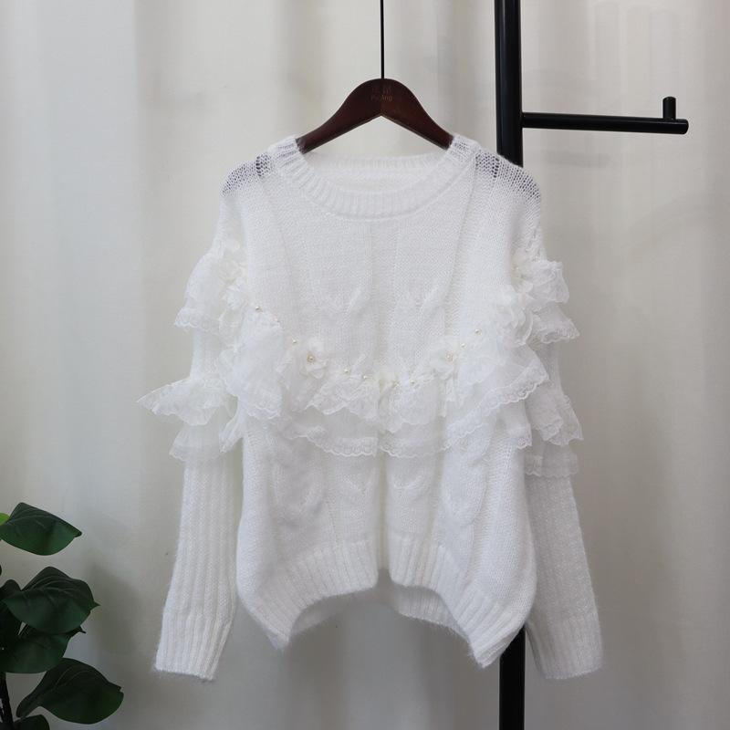 Heavy Industry Bead Splicing Mesh Flower Sweater Pullover Autumn and Winter New Sweet Loose Knitted Sweater Top Women