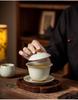 High-End Large Ru Kiln Ceramic Gongfu Tea Set: Three-Piece Lid, Bowl, and Cup.