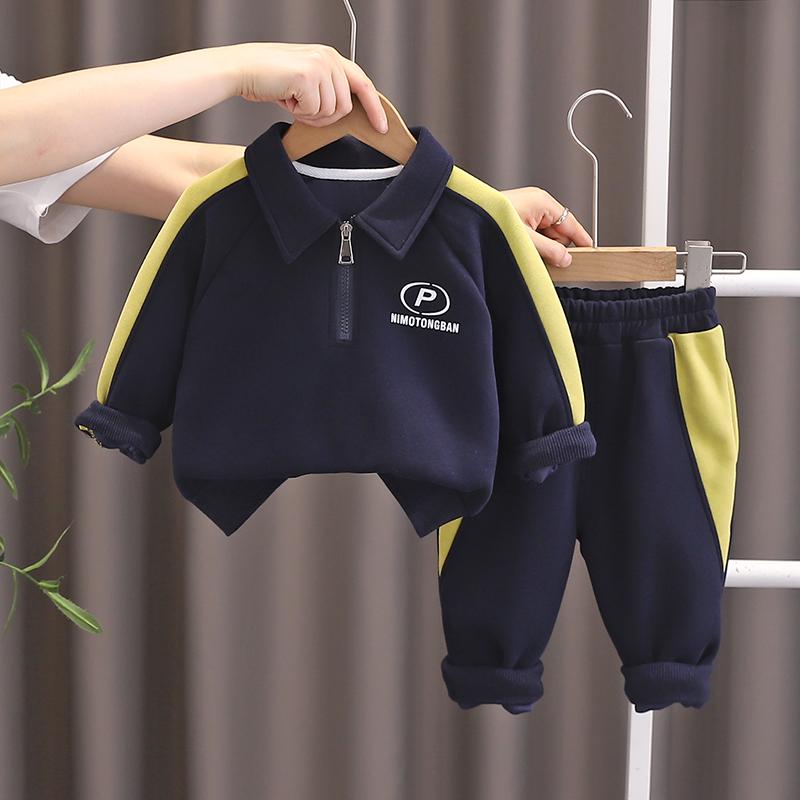 0-5-year-old boys' long sleeved 2-piece set, Children's collar printed hoodie+casual pants set, High-quality clothes for boys